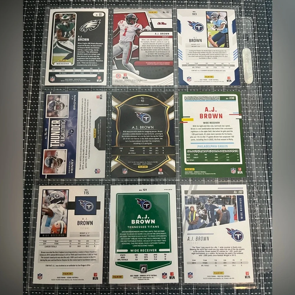🏈 A.J. Brown Titans/Eagles NFL Football Sports Traded Card Collection - 9 Cards